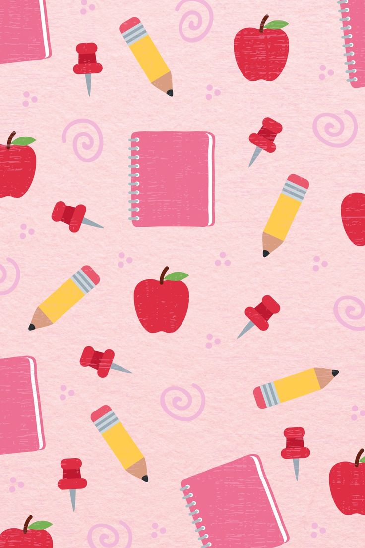 a pattern of notebooks, pencils, apples, push pins, and swirls on a pink background Back To School Wallpaper Backgrounds Aesthetic, School Theme Background Wallpaper, Back To School Apple Watch Wallpaper, Iphone Wallpaper Teacher, Pencil Wallpaper Backgrounds, Pencil Background Wallpaper, Preppy Teacher Wallpaper, Pink Back To School Background, Cute School Wallpapers Aesthetic