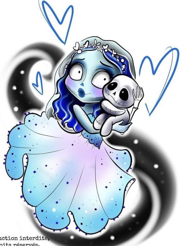 a drawing of a cartoon character holding a stuffed animal in her arms with hearts floating around