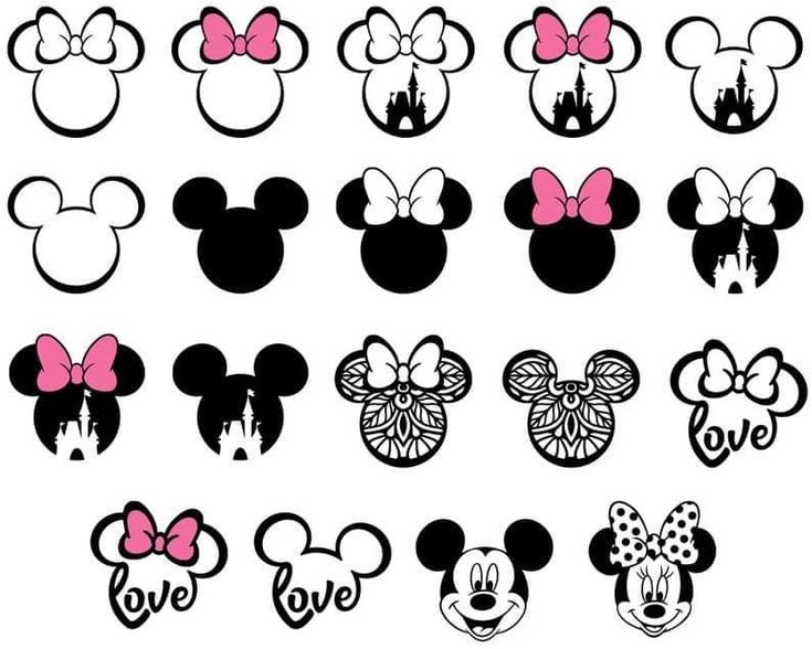 mickey and minnie mouse ears with pink bows on them, all in different styles or shapes