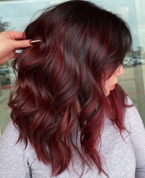 Cool-Tone Mocha Red Balayage Hair Red Balayage Short Hair Brunettes, Red On Brown Balayage, Chocolate And Red Hair Color, Red Wine Hair Color Balayage, Red Balayage Hair On Brown Hair, Red Hair With Brunette Roots, Brunettes With Red Hair, Red Tone Balayage, Balayage Hair With Red Tones