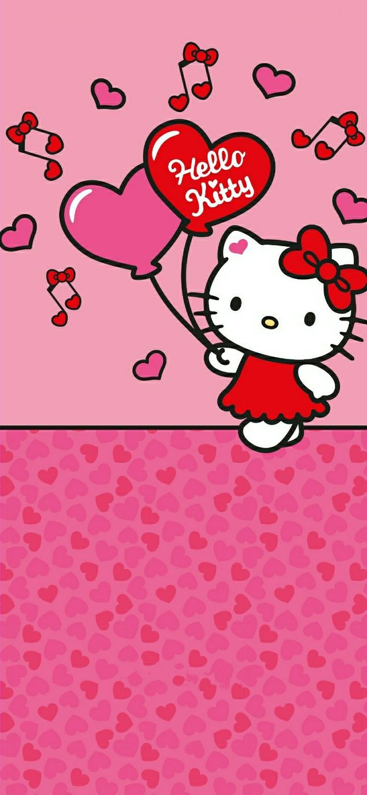 the hello kitty wallpaper is pink and has hearts on it, as well as a heart shaped balloon