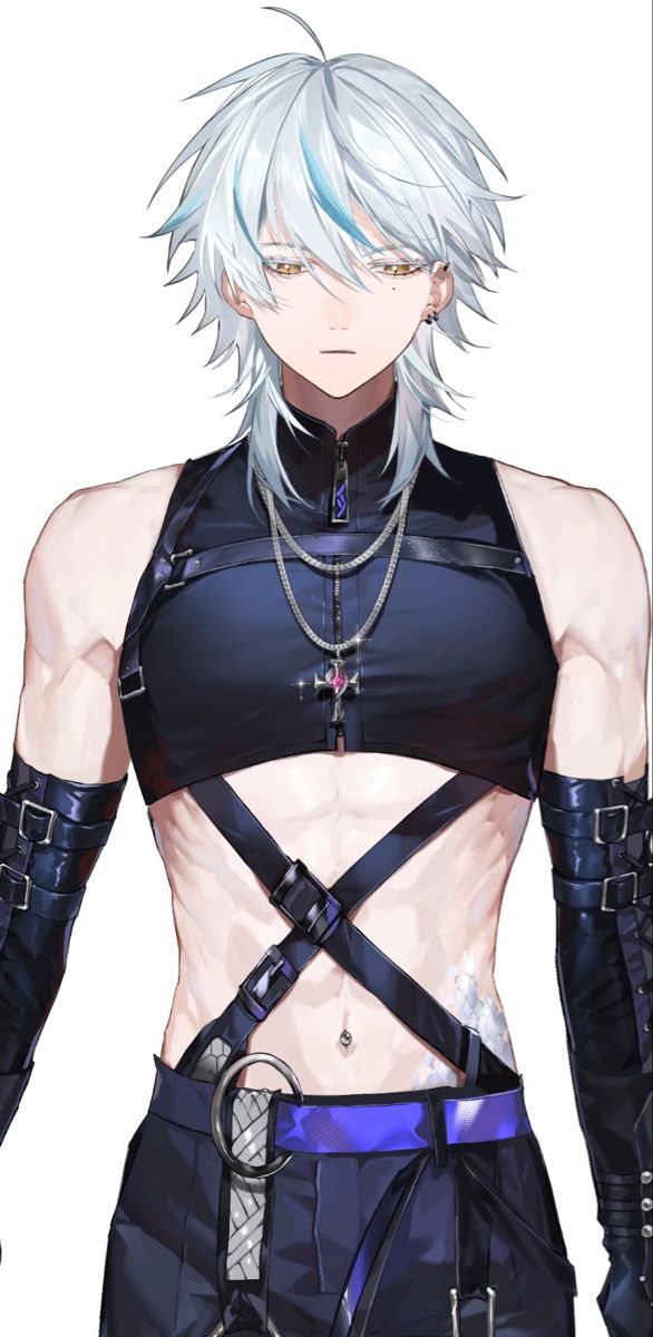 an anime character with white hair and blue eyes, wearing black leather gloves and holding two swords