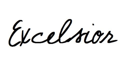 the word excelior written in cursive writing on a white paper with black ink