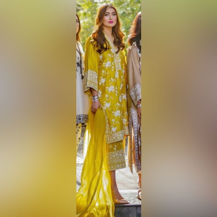 Pakistani Shalwar Kameez Please Note That There’s No Dupatta With This Outfit Yellow Chikankari Embroidered Palazzo Set, Yellow Chikankari Embroidery Palazzo Set For Eid, Elegant Yellow Churidar With Sheer Dupatta, Yellow Anarkali Palazzo Set For Eid, Wedding Yellow Palazzo Set With Straight Kurta, Elegant Yellow Palazzo Set For Eid, Yellow Georgette Palazzo Set With Long Sleeves, Yellow Georgette Long Sleeve Palazzo Set, Diwali Yellow Palazzo Set With Dupatta