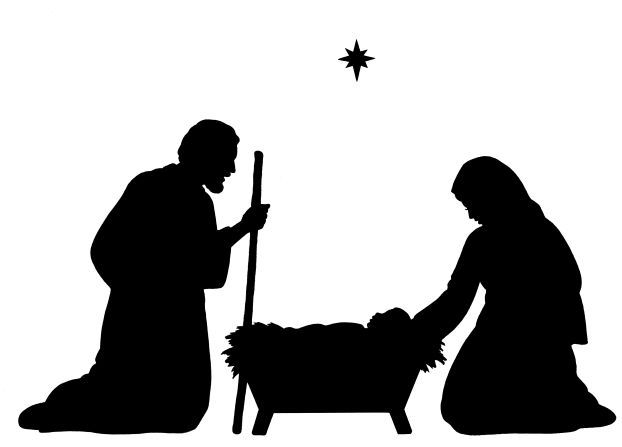 the nativity scene is depicted in black and white, with silhouettes of two people