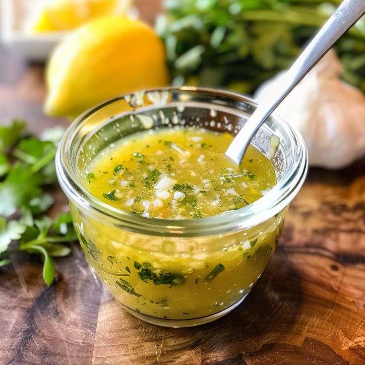 a glass jar filled with yellow liquid sitting on top of a wooden cutting board