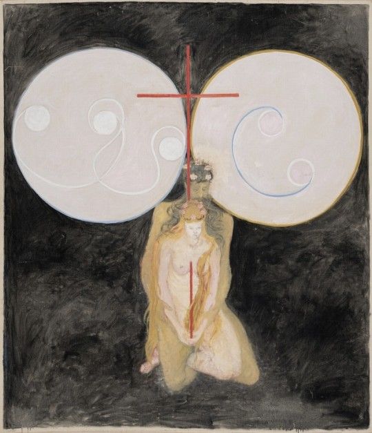 a painting with two circles and a woman sitting on the ground