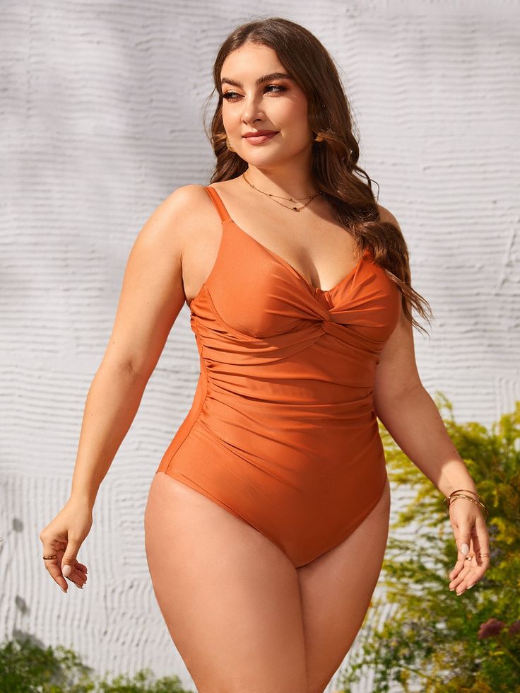 Orange  Collar  Knitted Fabric Plain  Embellished Medium Stretch  Plus Size Beachwear Swimsuit Set, Twist Front, Swim Suit, Beauty Women, One Piece Swimsuit, Knitted Fabric, One Shoulder, Twist, Lingerie