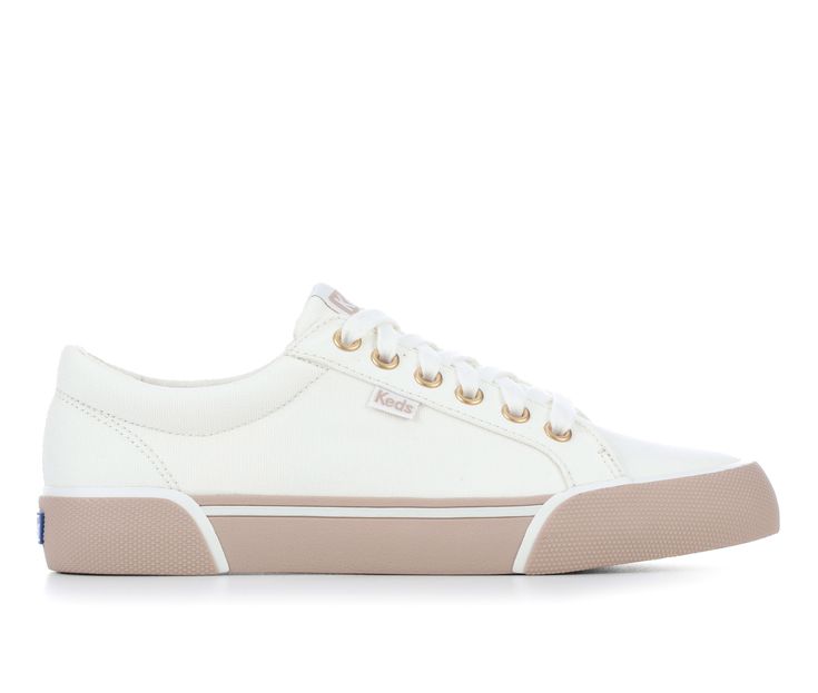 A perfectly minimal sneaker with sporty retro vibes. The Jump Kick lace-ups are perfect with every fit of jean and are also an easy way to make fancier pieces laid-back enough for everyday wear, broadening your wardrobe in one easy step. Canvas upper, Lace up closure, Round toe, Softerra™ footbed / 10% recycled foam, Lightweight Rubber outsole | Women's Keds Jump Kick Canvas Sneakers in White/Taupe Size 9.5 Trendy Cream Sneakers With Perforated Toe Box, Everyday Lace-up Skate Shoes With Vulcanized Sole, Cream Sneakers With Cushioned Footbed For Everyday, Everyday Lace-up Sneakers With Gum Sole, Trendy Everyday Sneakers With Laces, Everyday Lace-up Skate Shoes With White Sole, Lace-up White Skate Shoes, Everyday White Lace-up Skate Shoes, Everyday Lace-up Canvas Shoes