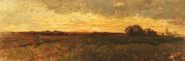 an oil painting of a field with trees in the distance