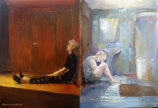 a painting of two people sitting on the floor