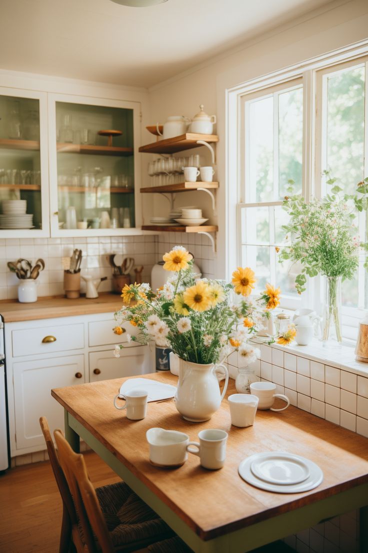 sunflowers in a vase on a kitchen table with plates and cups set for two