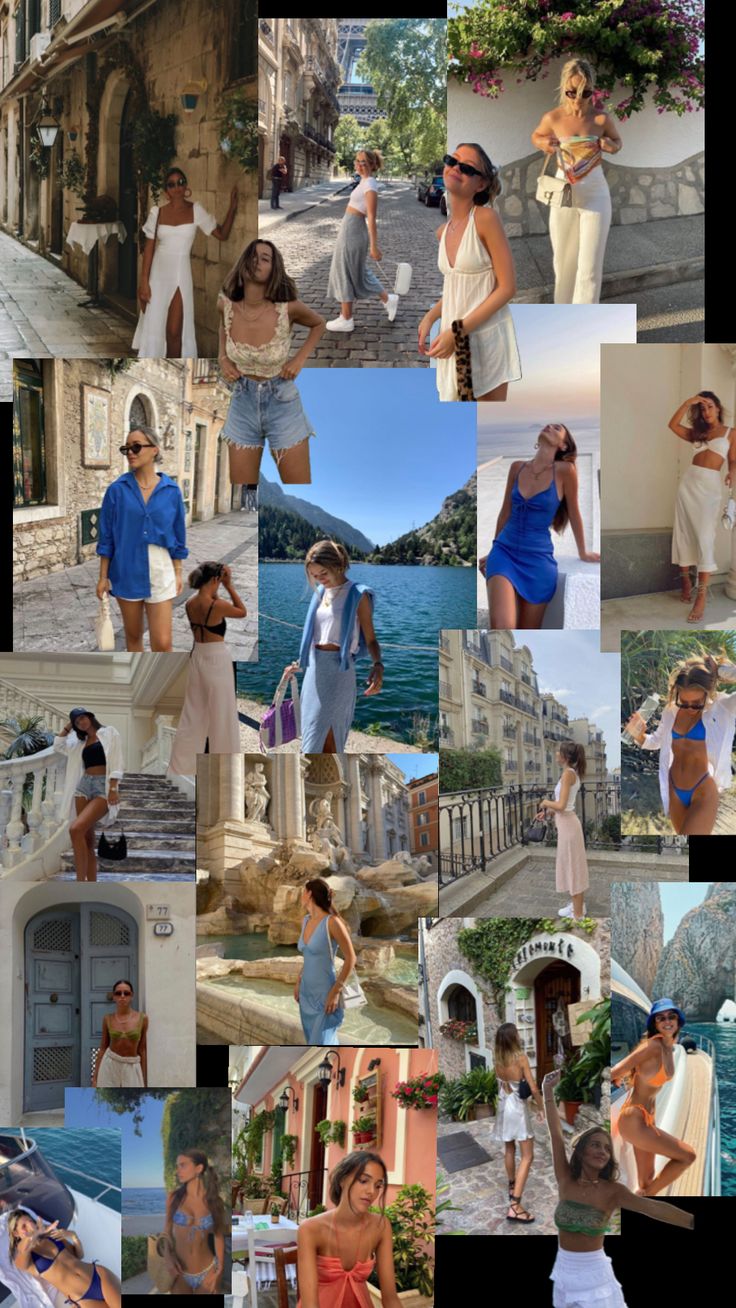 the collage shows many different pictures of women in white and blue outfits, including one woman