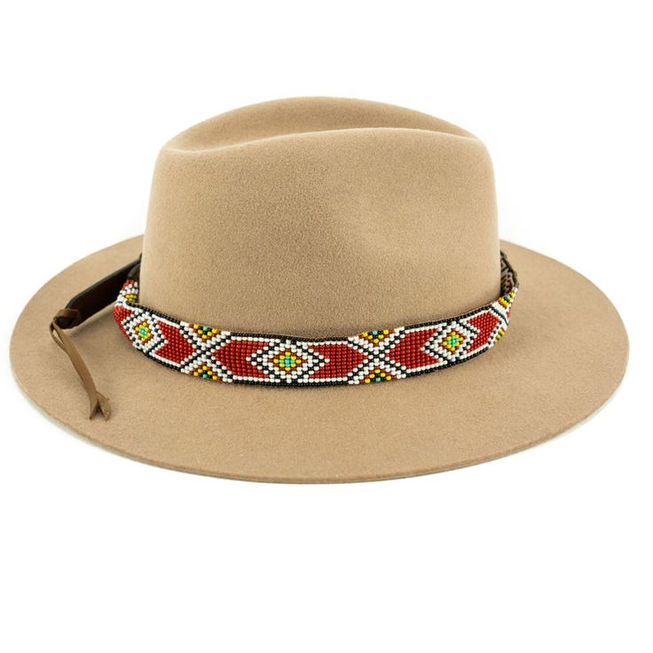 Bohemian Felt Hat With Flat Crown For Ranch, Bohemian Adjustable Felt Hat For Ranch, Western Multicolor Hat Bands For Rodeo, Southwestern Style Flat Brim Hat Band For Ranch, Southwestern Style Brown Hat For Festival, Bohemian Fedora With Flat Crown For Ranch, Traditional Beaded Hat Bands For Country Events, Artisan Red Hat Bands For Festival, Western Multicolor Hat Bands For Country Events