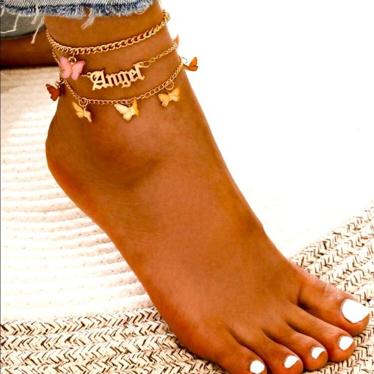 3 Piece Layered Butterfly Angel Anklet Gold Nwt Casual Ankle Strap Anklets For Spring, Casual Spring Anklets, Casual Summer Anklets With Ankle Strap, Summer Casual Ankle Strap Anklets, Casual Summer Anklets, Trendy Party Anklets For Spring, Trendy Anklets For Spring Vacation, Trendy Beach Anklets For Spring, Casual Anklets For Summer Parties