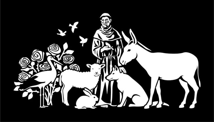 a black and white drawing of a man with animals