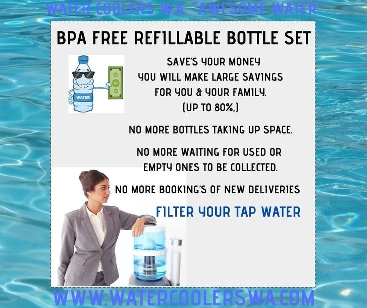 a woman holding a water bottle next to a sign that says bpa free refillable bottle set