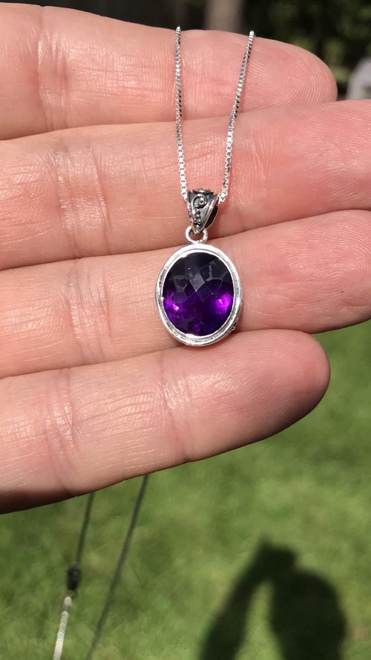 Amethyst pendant with chain | Etsy Sterling Silver Gemstone With Large Stone For Gifting, Faceted Sterling Silver Gemstones As Gifts, Sterling Silver Gemstone With Large Stone For Gift, Faceted Oval Sterling Silver Gemstones, Oval Faceted Sterling Silver Gemstone, Elegant Sterling Silver Gemstones With Large Stone, Formal Sterling Silver Round Pendant Gemstones, Elegant Large Sterling Silver Gemstones, Amethyst Gemstone Oval Pendant Jewelry