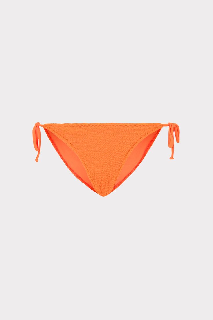 This classic string bikini bottom is done in our textured fabric. It ties around the neck and in the back, and it’s meant to be worn with our matching Lori textured triangle bikini top. Textured Solid Swimwear For Sunbathing, Textured Triangle Top Swimwear For Vacation, Summer Textured Triangle Top Swimwear, Textured Beachwear For Beach Party, Textured Triangle Top Swimwear For Beach, Textured Tie-side Bottom Swimwear For Beach, Neon Orange, Textured Fabric, String Bikinis