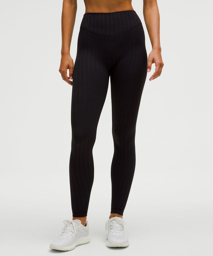 Flow, Train, Or Restore In Our Versatile Wunder Under Tights. This Version Is Made From A Lightweight Fabric That Has A Tonal Striped Look For Added Dimension. Designed For Yoga And Training. Full Length Intended To Sit At Ankle. Back Drop-In Pocket. | Wunder Under High-Rise Tight 28" Tonal Stripe Full-length Elastic Athleisure Tights, Black Sweat-resistant Sports Tights, Black Moisture-wicking Athleisure Tights, Solid High-stretch Tights For Running, Black Non-stretch Sporty Leggings, Social Impact, High Rise Leggings, Tight Leggings, High Rise