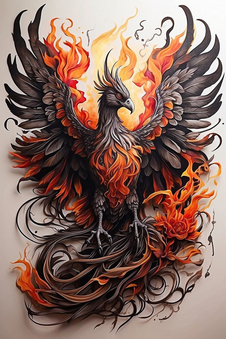 a drawing of a bird with orange and black flames on it's back legs