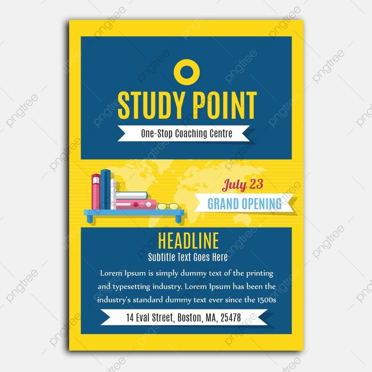 a yellow and blue flyer for a study point with an image of books on the shelf