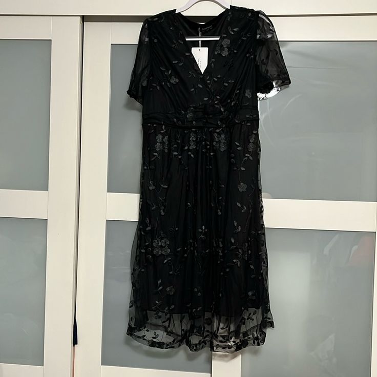 New With Tag Size 12 Black Color With Beautiful Embroidery Black Embroidered Summer Party Dress, Black Embroidered Dress For Summer Party, Black Embroidered Midi Dress For Summer, Spring Black Embroidered Midi Dress, Black Embroidered Knee-length Summer Dress, Black Floral Embroidery Midi Dress, Black Embroidered Midi Dress For Spring, Black Knee-length Embroidered Summer Dress, Elegant Black Embroidered Short Sleeve Dress