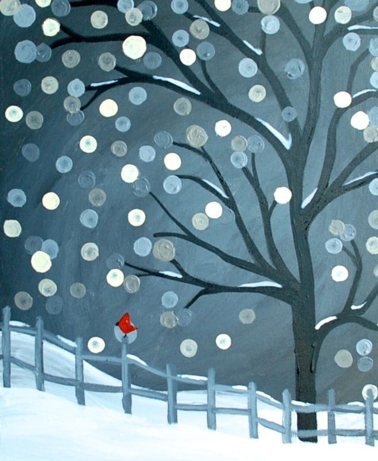 a painting of a red bird sitting on a fence in front of a snowy tree