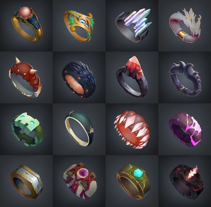 many different types of rings on black background