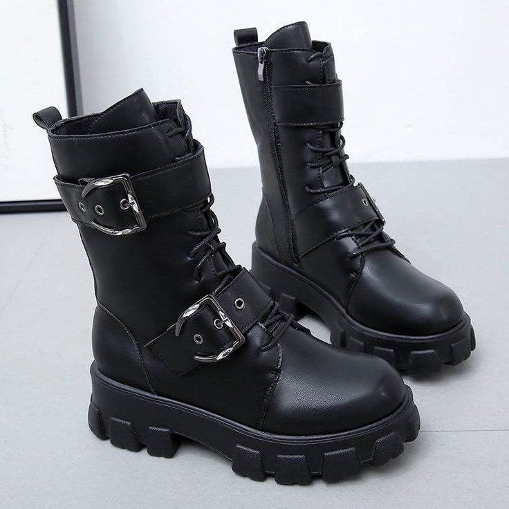 Gothic Punk Platform Boots, High Chunky Platform Boots, Riding Boots, Long Boots, Zipper Boots. PU Leather Boots. Combat Boots, Biker Boots, Punk Boots, Gothic Boots. Black Women's Boots.

Super cool punk, biker style mid calf boots are the perfect boot for everyday wear.
Made from high quality PU leather with round toe, buckle straps, lace up, and side zip up closure, low chunky square heel, and seam detailing, they provide both comfort and support for you during your busy day. 
Strong, sturdy Winter Martin Boots With Round Toe For Concerts, Grunge Winter Boots For Concerts, Grunge Boots For Winter Concert, Grunge High-top Martin Boots For Winter, Winter Combat Boots For Concerts With Round Toe, Grunge Style Winter Combat Boots With Round Toe, Grunge Winter Combat Boots With Round Toe, Winter Grunge High Ankle Boots, Grunge High Ankle Winter Boots