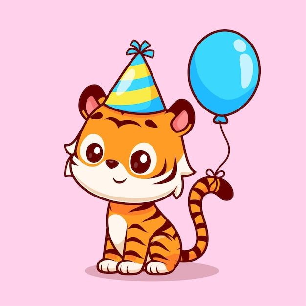 a cartoon tiger with a party hat holding a balloon