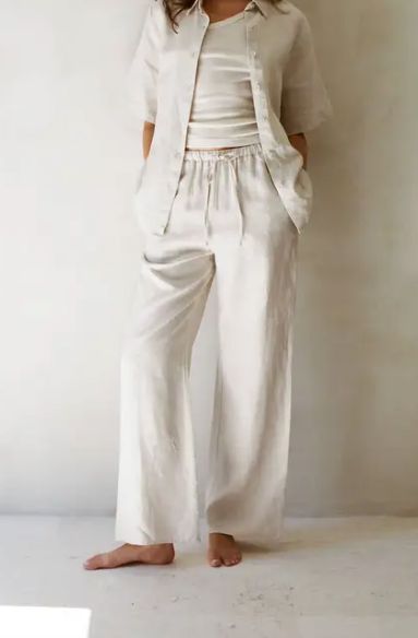 Woven 100% Linen Elastic Waist Band Tie Strap Wide Leg Pants With Side Pockets (No Lining) Optional Set Style# AR1060-1 AR1062-1 Material: 100% LinenColor: Linen Casual Plain Workwear Pants, Casual Plain Pants For Work, Relaxed White Wide-leg Bottoms, Relaxed White Wide Leg Bottoms, Relaxed White Bottoms With Pockets, Relaxed White Wide-leg Pants, White Relaxed Straight Pants, Relaxed White Straight Pants, Relaxed White Straight Bottoms