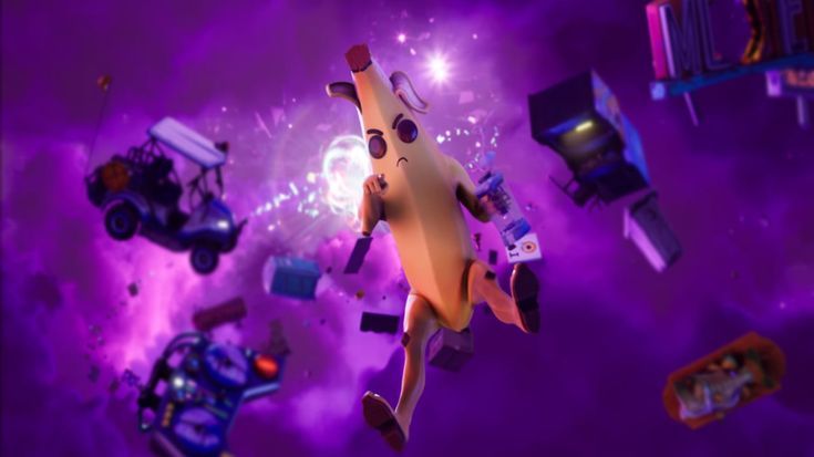 an animated banana flying through the air with other objects around it in front of a purple background