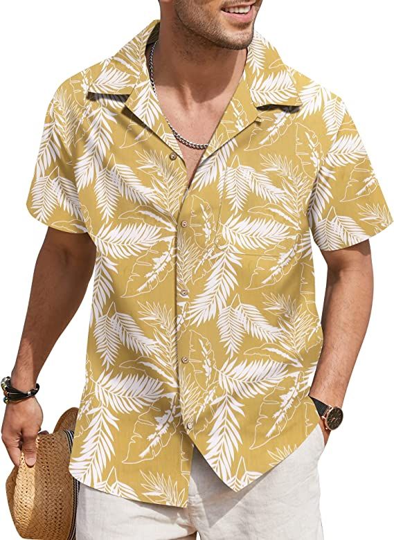 COOFANDY Men Floral Cotton Shirts Front Pocket Short Sleeve Casual Summer Shirts at Amazon Men’s Clothing store Shirt Outfit Men, Tropical Fashion, Floral Hawaiian Shirt, Linen Shirt Men, Tropical Shirts, Women Beach, Men's Button Down Shirt, Beach Shirts, Summer Flowers