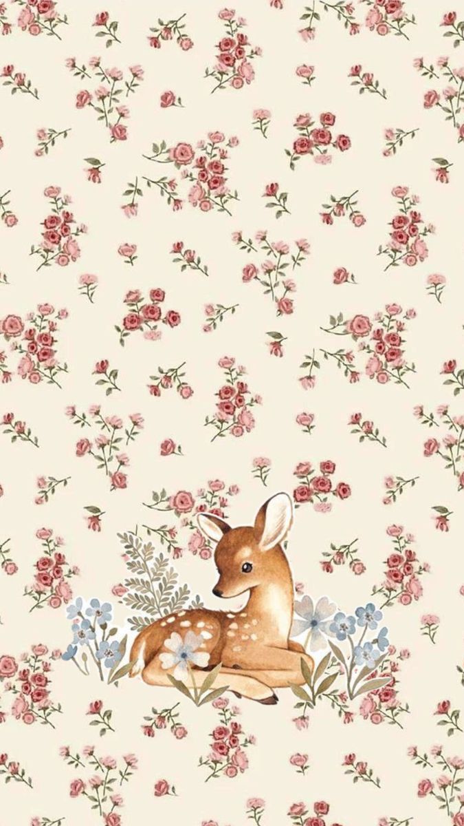 a deer sitting in the middle of flowers on a white wallpaper with pink and blue flowers