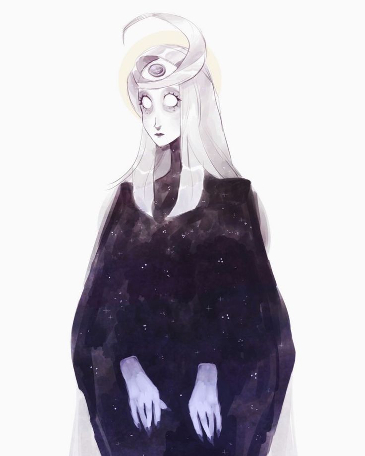 a drawing of a woman with long white hair wearing a black dress and holding her hands out