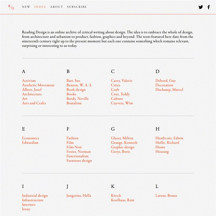 an orange and white brochure with the names of different types of items on it