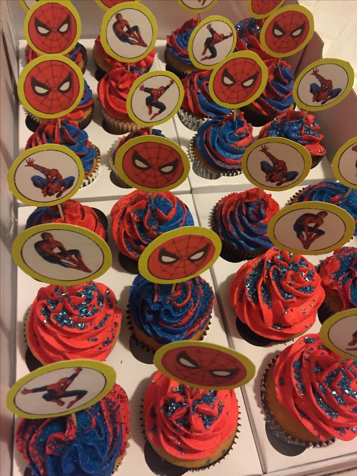 spiderman cupcakes with red and blue frosting