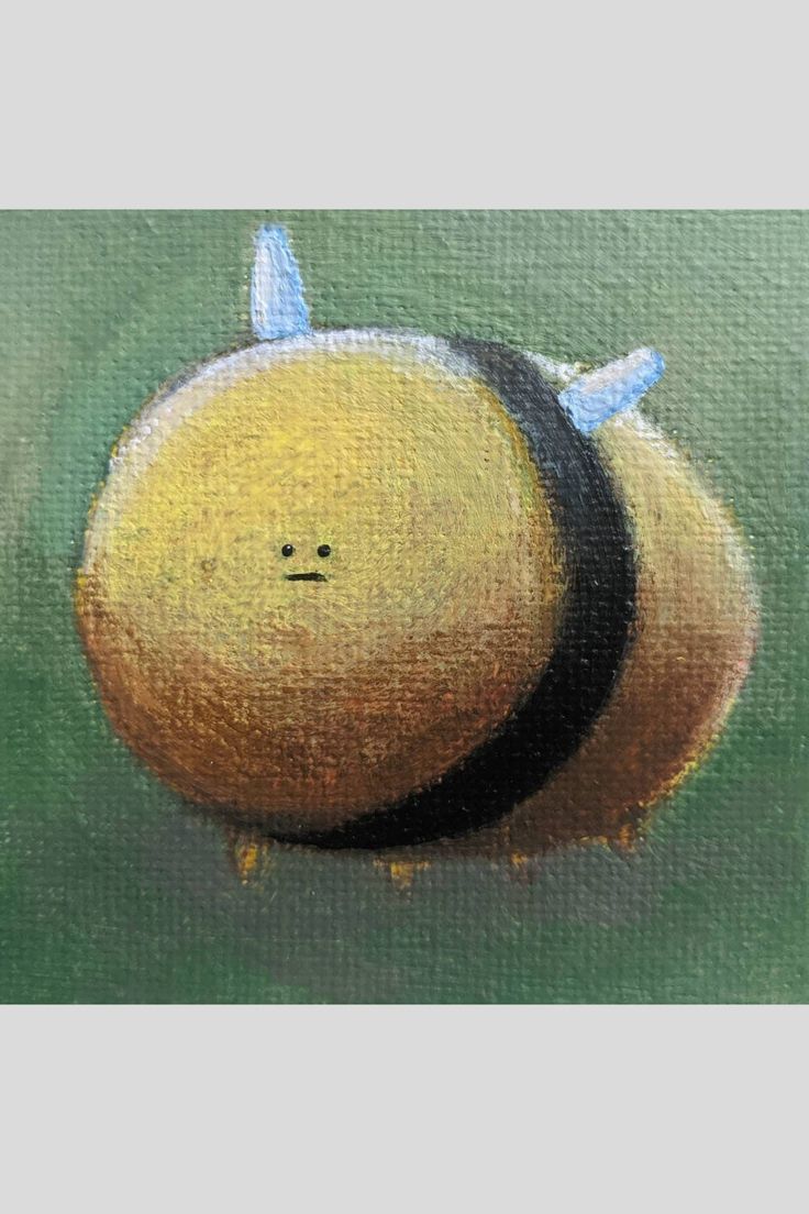 an oil painting of a bee on a green background with black and yellow stripes around it's head