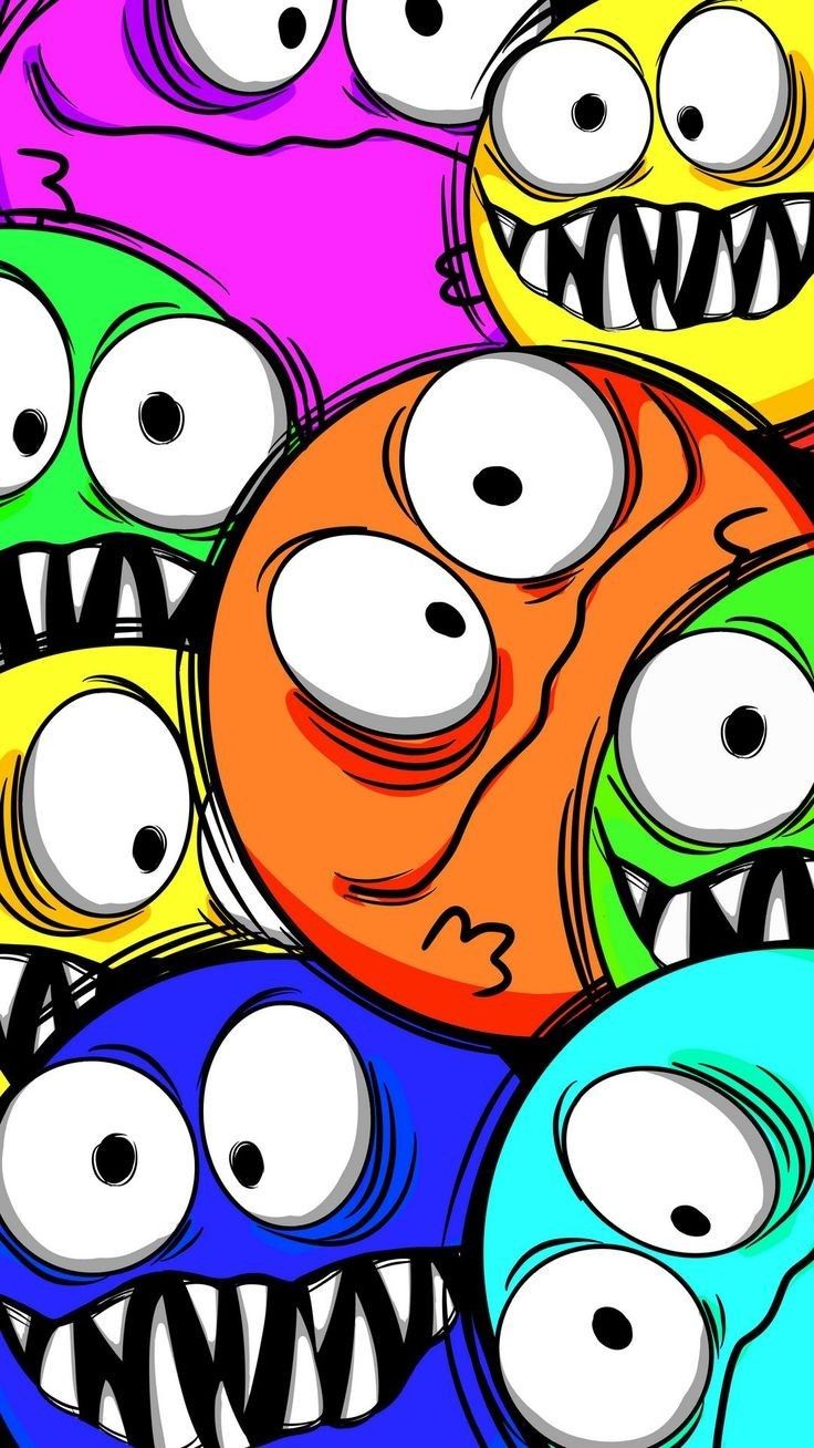 an image of many different colored monsters with big eyes and teeth on it's face