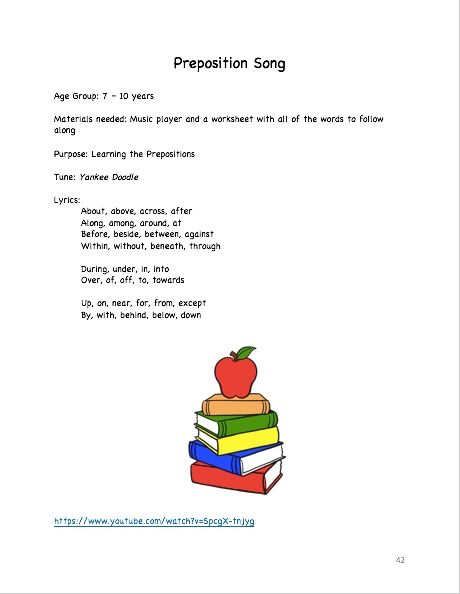 an apple sitting on top of books with the words preposition song written below it