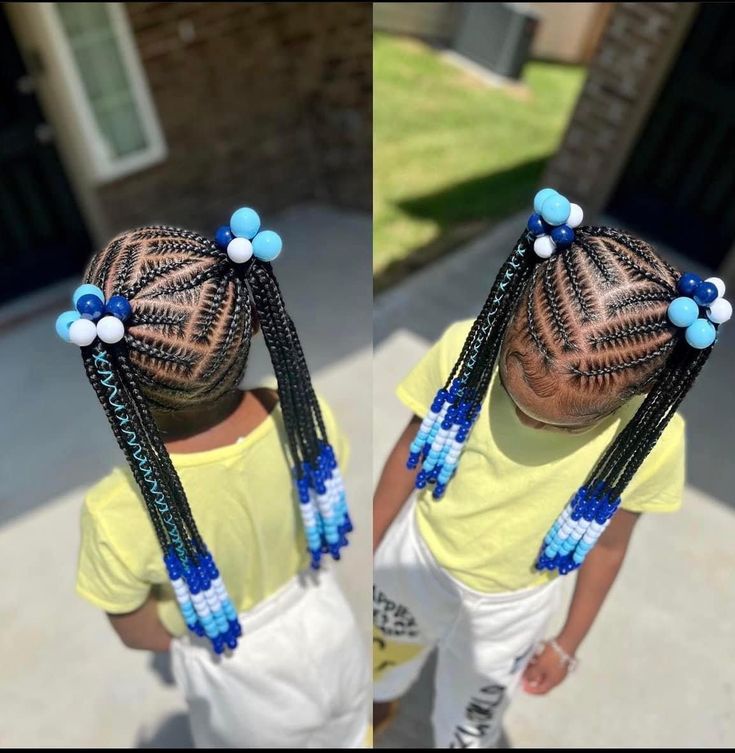 2 Braided Ponytails For Kids, Two Braided Ponytails For Kids, Kid Braid Styles With Beads, Children Braids, Lil Girl Hairstyles Braids, Reign Hairstyles, Kids Braids With Beads, Braids And Beads, Daughter Hairstyles