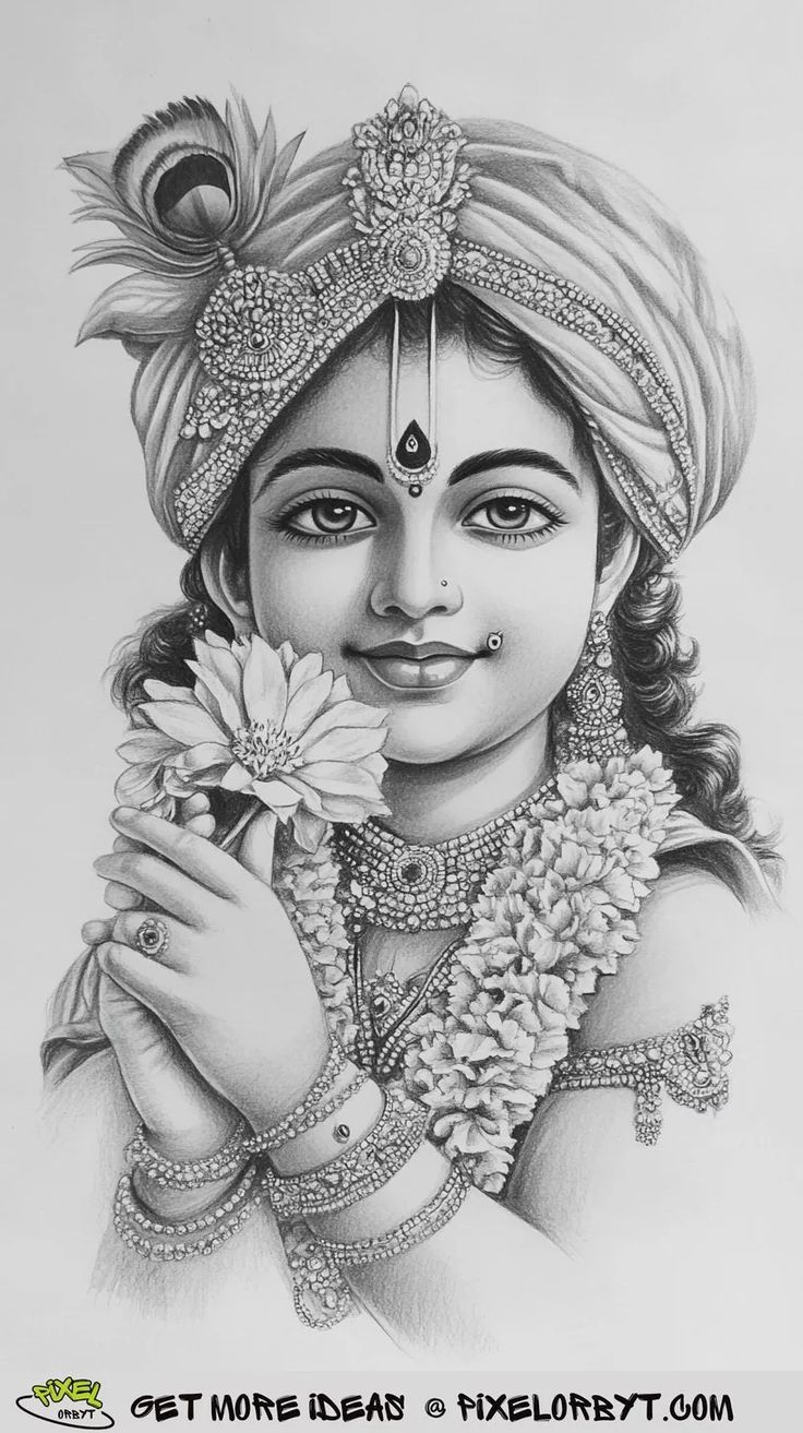 a pencil drawing of a woman holding a flower