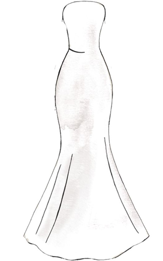 a drawing of a wedding dress on a mannequin form, with the skirt pulled back