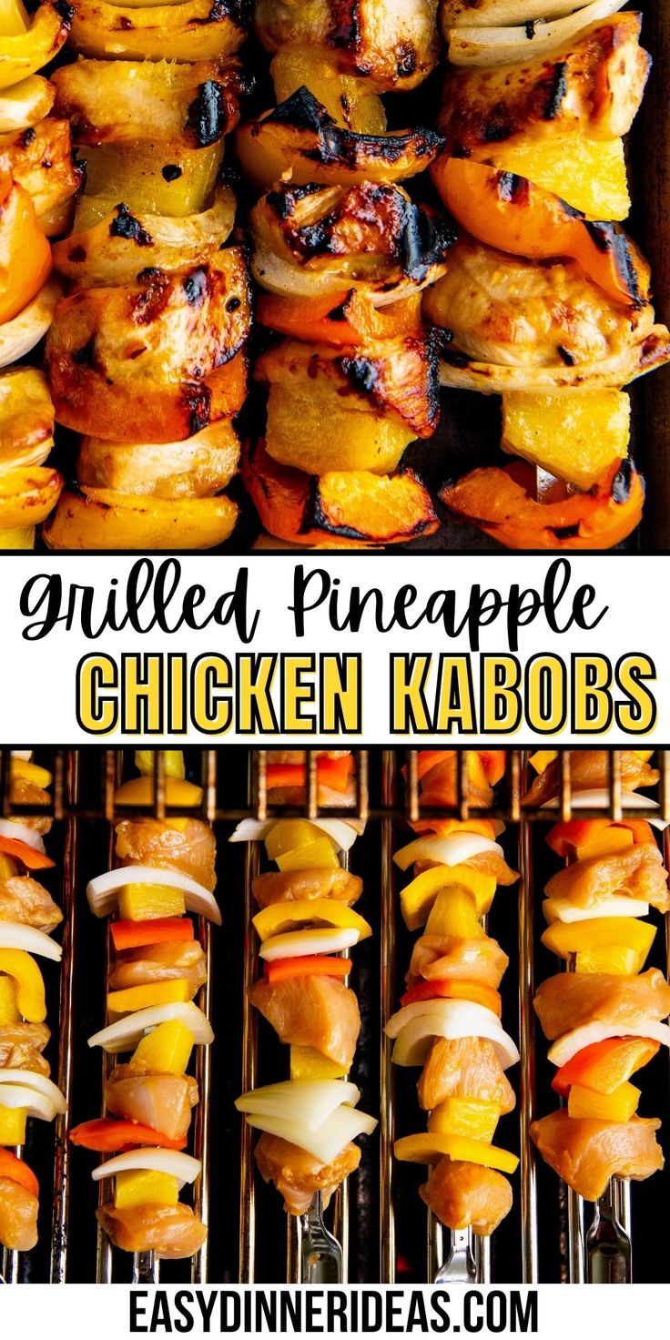 grilled pineapple chicken kabobs on skewers with text overlay