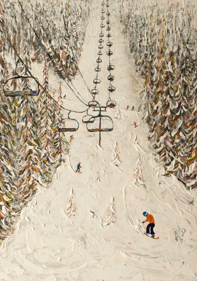 a painting of people skiing down a ski lift in the snow with trees behind them