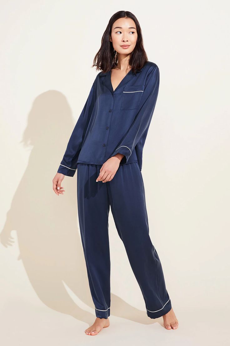 Inez Washable Silk Long PJ Set - Navy/Champagne - Eberjey Elegant Relaxed Fit Sleepwear For Pajama Party, Elegant Relax Fit Sleepwear For Pajama Party, Classic Relaxed Fit Sets For Home, Classic Relaxed Fit Home Sets, Classic Sleep Sets With Relaxed Fit, Classic Relaxed Fit Sets For Pajama Party, Classic Relaxed Fit Pajama Party Sets, Elegant Solid Color Sleepwear With Relaxed Fit, Elegant Long Loungewear Sets