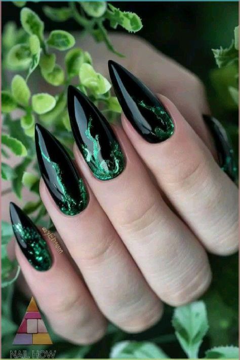 Dark green nails Dark Green Goth Nails, Punk Nails Designs, Black And Emerald Green Nails, Dark Goth Nails, Emerald Green And Black Nails, Dark Aesthetic Nails, Green Chrome Nails Designs, Emerald Green Chrome Nails, Dark Green Nail Designs