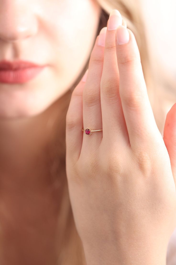 "14k & 18k Natural Ruby Ring / Genuine Ruby Ring Available in Gold, Rose Gold and White Gold / July Birthstone ---> This listing only for Ruby Ring ❥ ITEM DETAILS ---> Gold Color of Choice : Yellow Gold, Rose Gold, White Gold ---> Material : 14k ( 585 ) or 18k ( 750 ) Real Gold. It is Not Gold Filled or Gold Plated ---> Made to order ---> Band Thickness : 1.30 mm ---> Band Width : 1.30 mm ---> Face Size: 6x5 mm ---> Ruby Cut: Round Shape Ruby Size 4x4MM ---> Number Ruby Ring Simple, Chain Ring Gold, Birthstone Stacking Rings, Natural Ruby Ring, Ruby Ring Gold, Diamond Evil Eye, Mother Christmas Gifts, Gold Armband, Gold Ring Designs