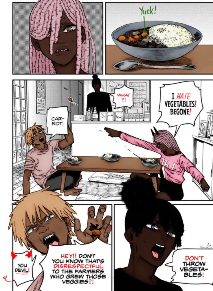 a comic strip with an image of two people eating food and one is pointing at the camera